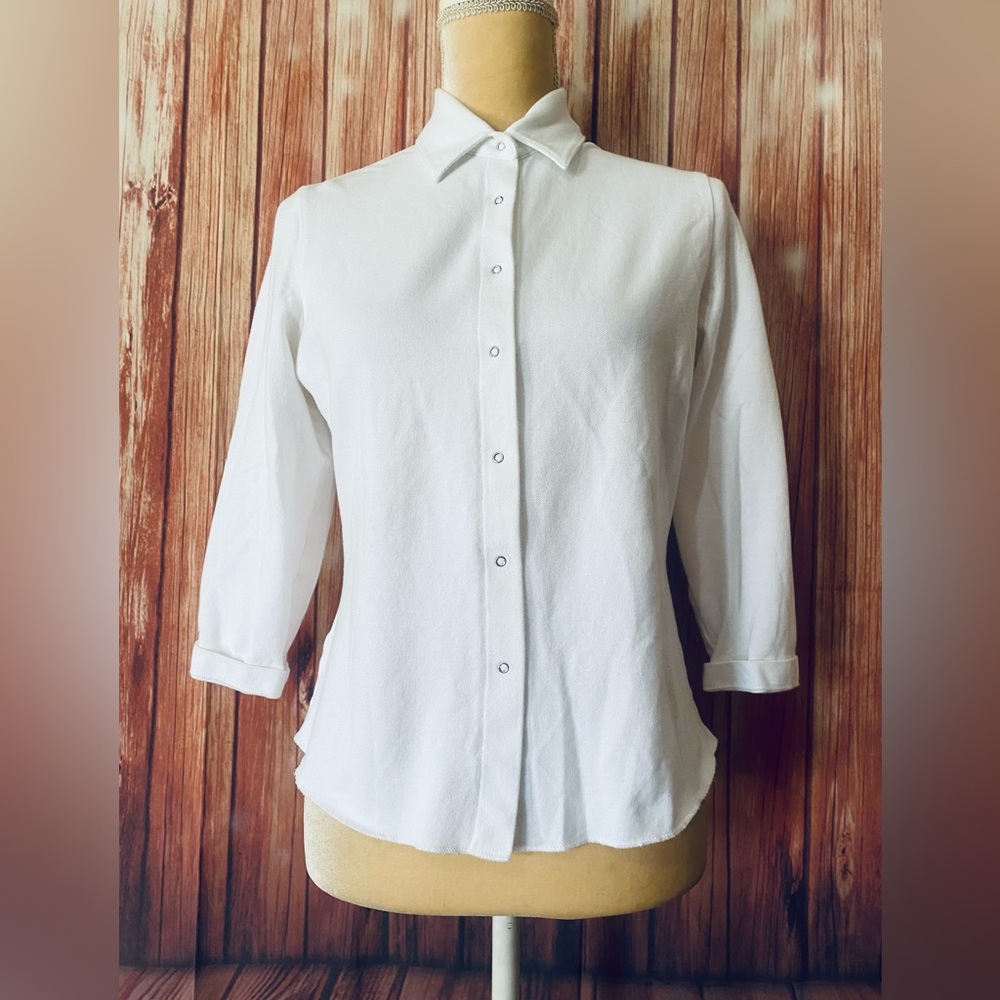 Women’s Medium Blouse Rafaella White Snap Button 3/4 Sleeves Rugged Hem Soft